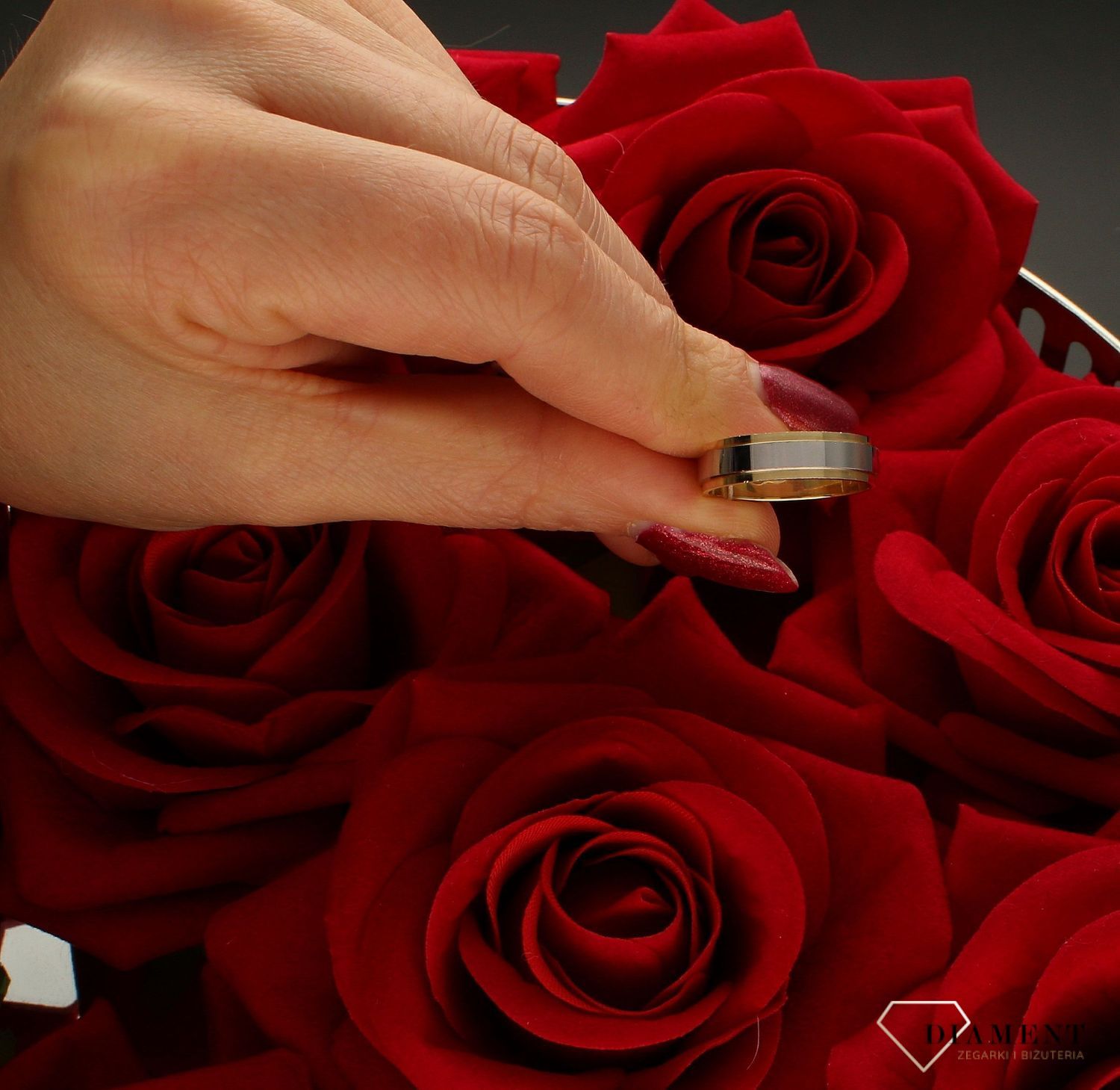 Złota obrączka damska z białym złotem 585  Płaska 5 mm  Rozmiar 15.jpg